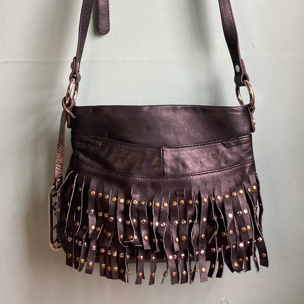 B. Makowsky Kiltie Studded Fringe Leather Crossbody Bag Black